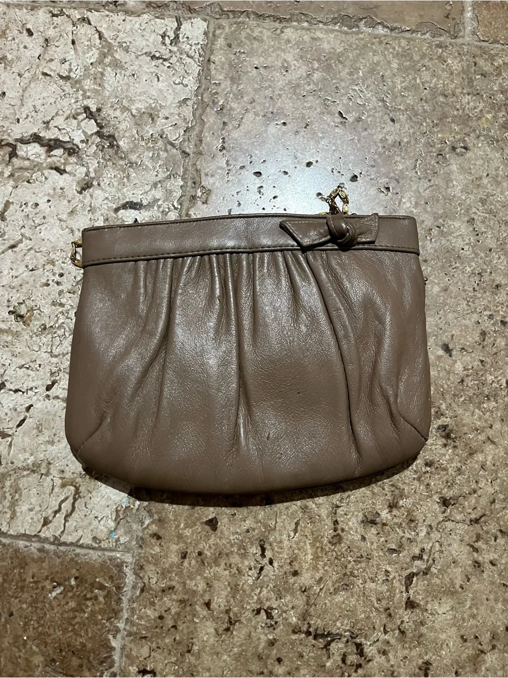 Vintage Taupe Leather Ruched Bow Gold Chain Shoulder Bag